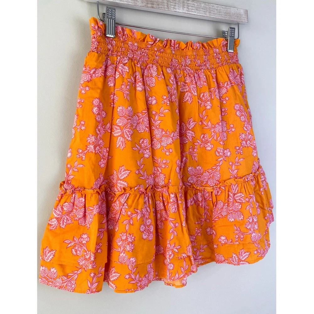 J Crew Ruffle Smocked Waist Mini Skirt‎ Sleeveless Button Up Blouse Set S Orange - Picture 11 of 16